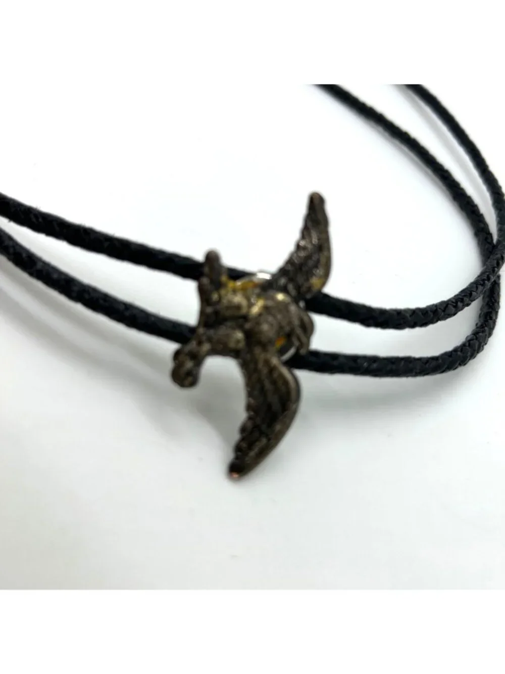 Eagle Bolo Tie With Tarnished Patina On Black Braided Cord Western Cowboy Style - Picture 3 of 10